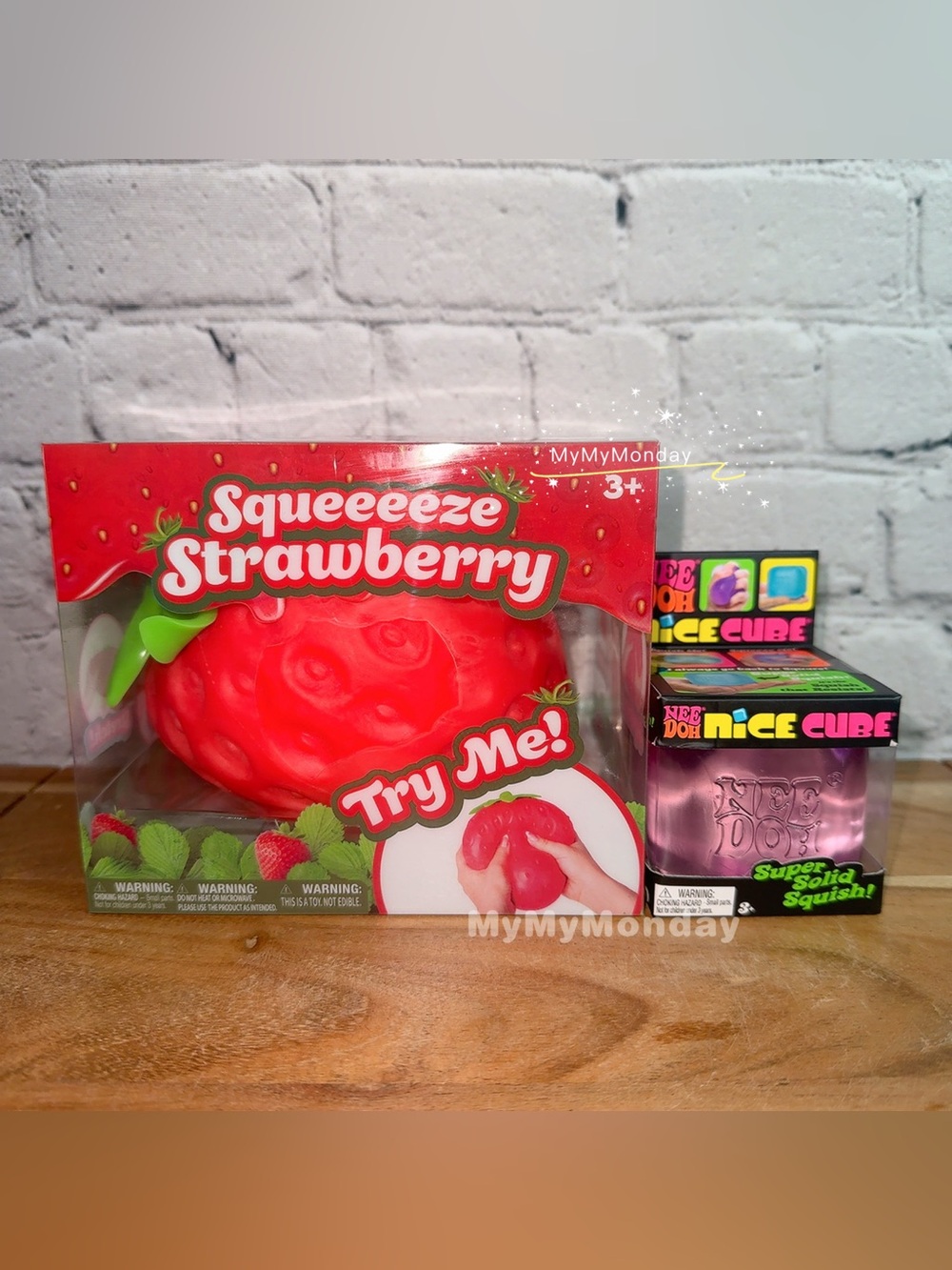 NeeDoh Nice Cube and Sunny Days Giant Squeezy Strawberry Squishy Toy Bundle